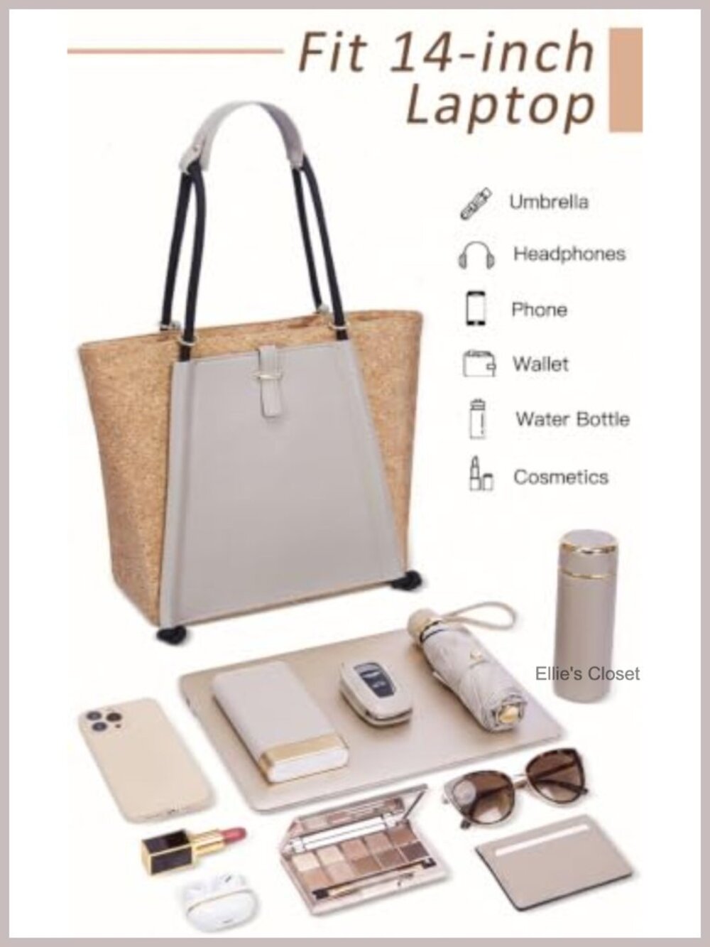 Cork Leather Work Travel Tote Bag for Women Convertible Backpack Top Handle - Picture 6 of 6